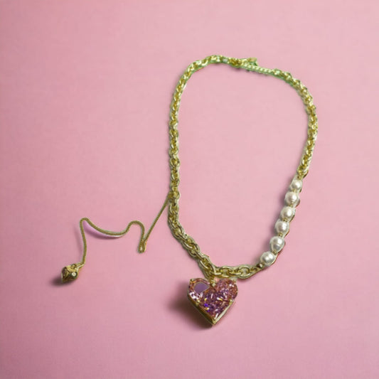 Collar mix perlas con eslabones con pendiente de corazón